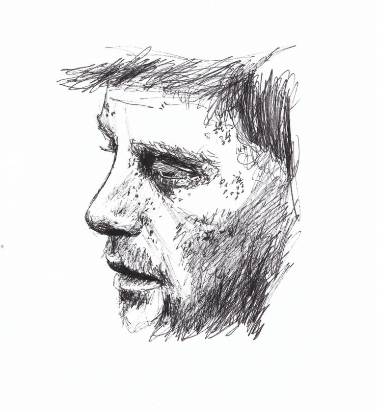 Black and white ink portrait of a man in profile, expressive lines and shading