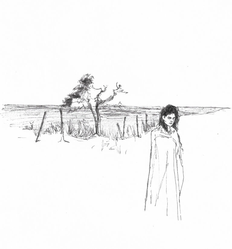 Ink drawing of a female figure, slightly turned away, standing in a calm landscape with a tree and fence in the backround, delicate line work emphasizing stillness and contemplation.