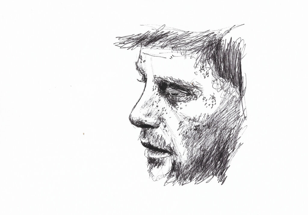 Black and white ink portrait of a man in profile, expressive lines and shading